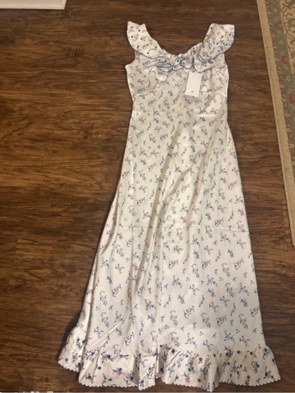 Caroline Constas White Floral Ruffle Maxi Dress with Blue & Pink Accents
